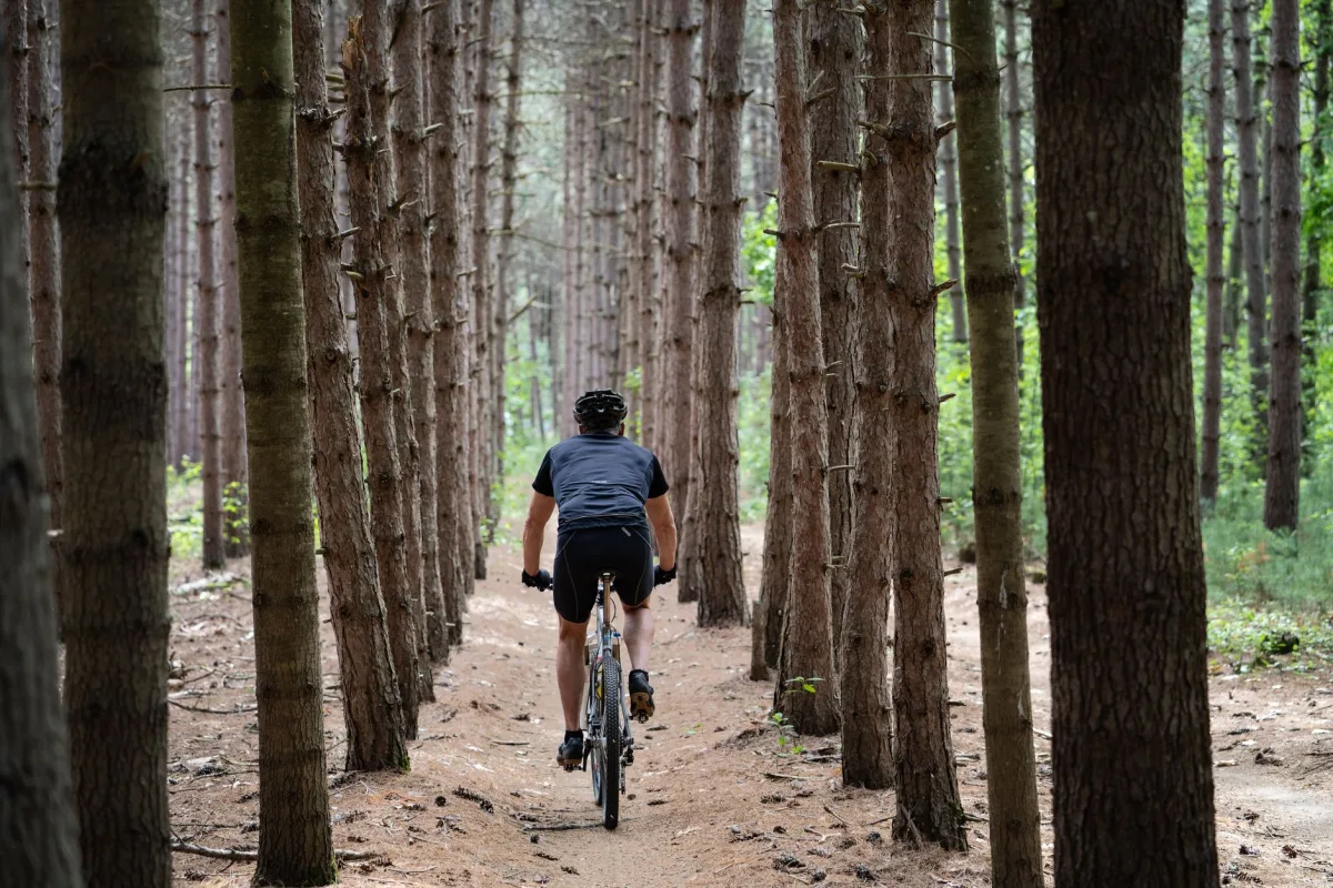 A cyclist enjoys a scenic trail through a dense forest path in Ausable Chasm, NY.